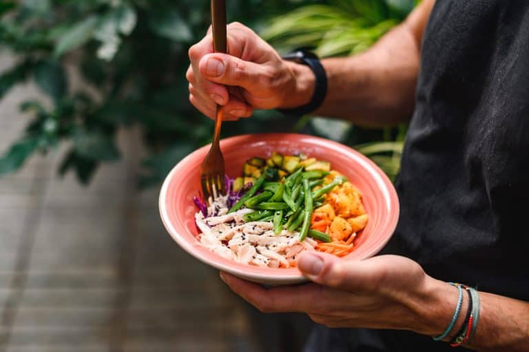 Eating healthy food in a bowl